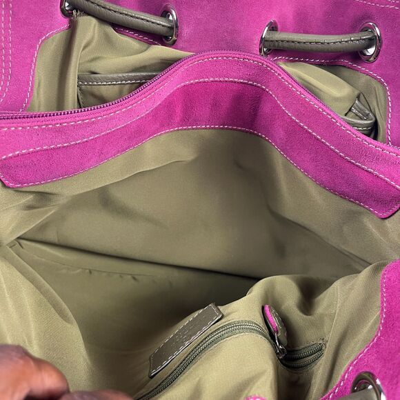 Cole Haan Fuchsia Suede Shoulder Bag Olive Trim Leather Strap Boho Slouchy Tote - Picture 8 of 14